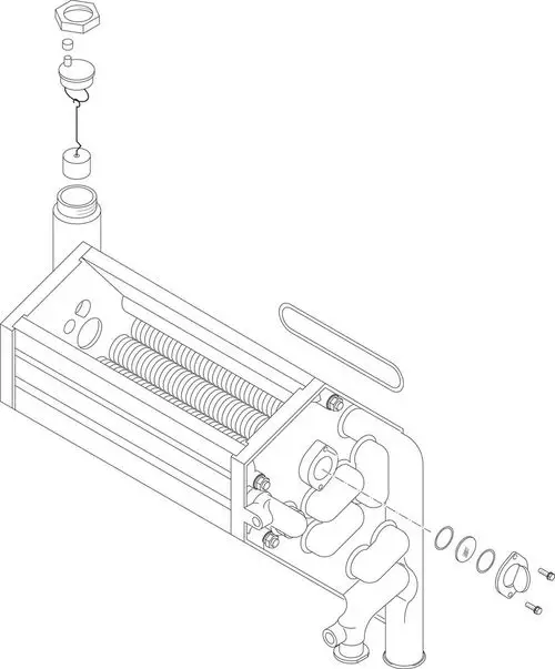 BOSCH Wärmetauscher, schematische Explosionsdarstellung mit einzelnen Komponenten wie Dichtungen, Rohren und Anschlüssen, ohne Maßangaben.